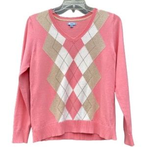 IZOD V-neck Salmon, White and Tan argyle Sweater